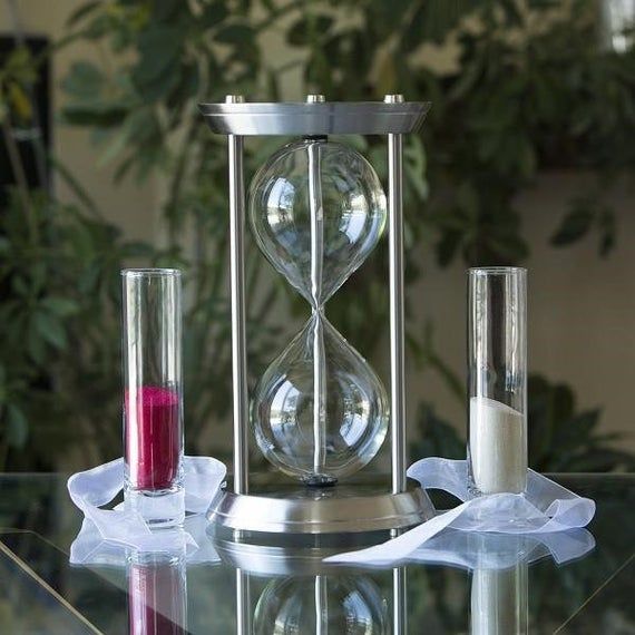 Metal Fillable Hourglass - Sand Ceremony - Unity Ceremony sand blending ceremony 2 flutes of sand with an egg timer in the middle with the celebrant angel in aberdeen