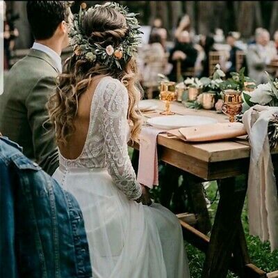 UK White ivory Long Sleeve Chiffon Boho A Line Beach Wedding Dresses Size 6-18 _ eBay bridal party at the wedding table how to choose a photographer with the celebrant angel