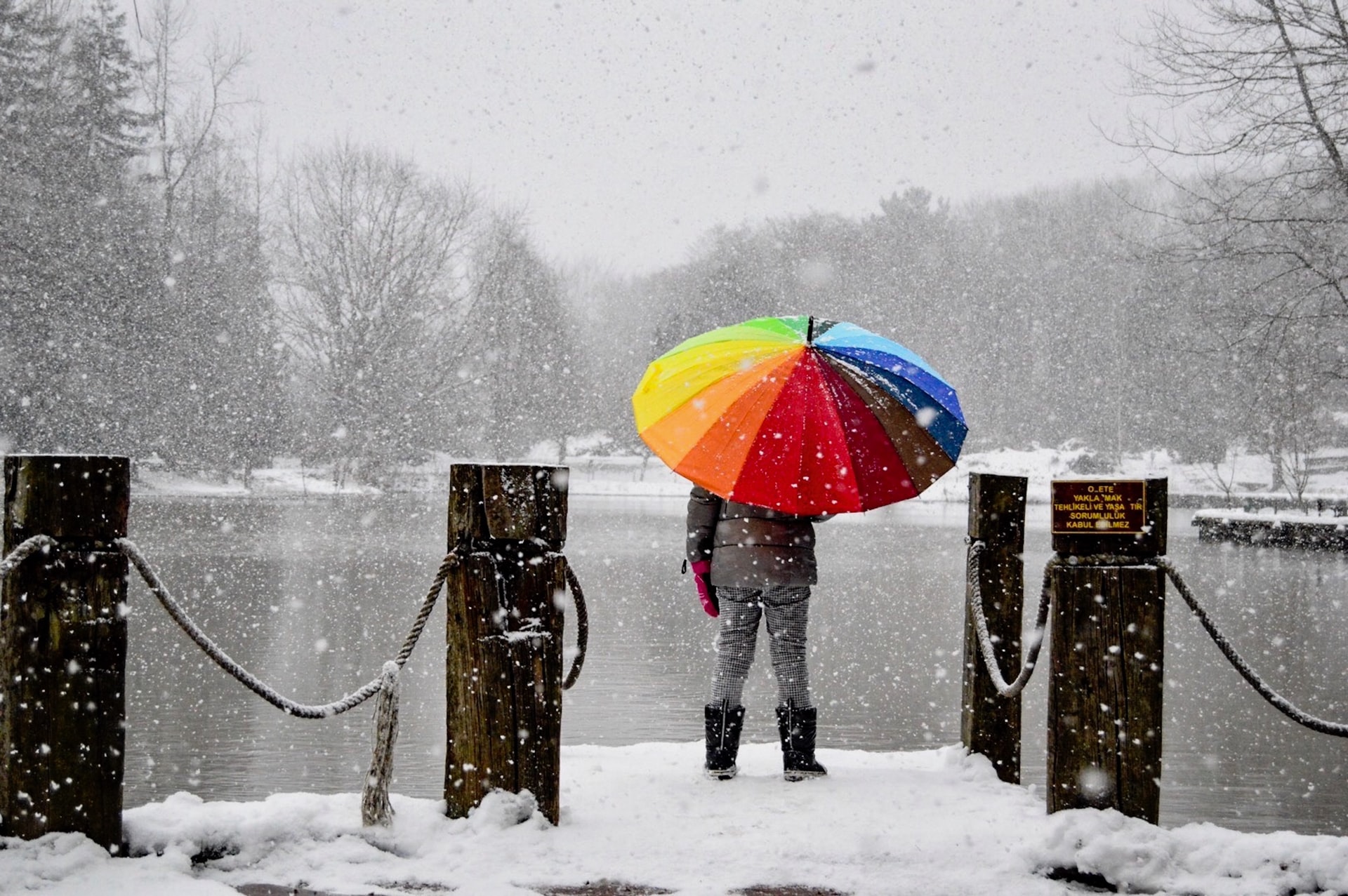 anastasiya-yilmaz-oBO_UCnkyXA-unsplash person standing in the snow with a colourful umbrella how to calm wedding day nerves celebrant angel Aberdeen
