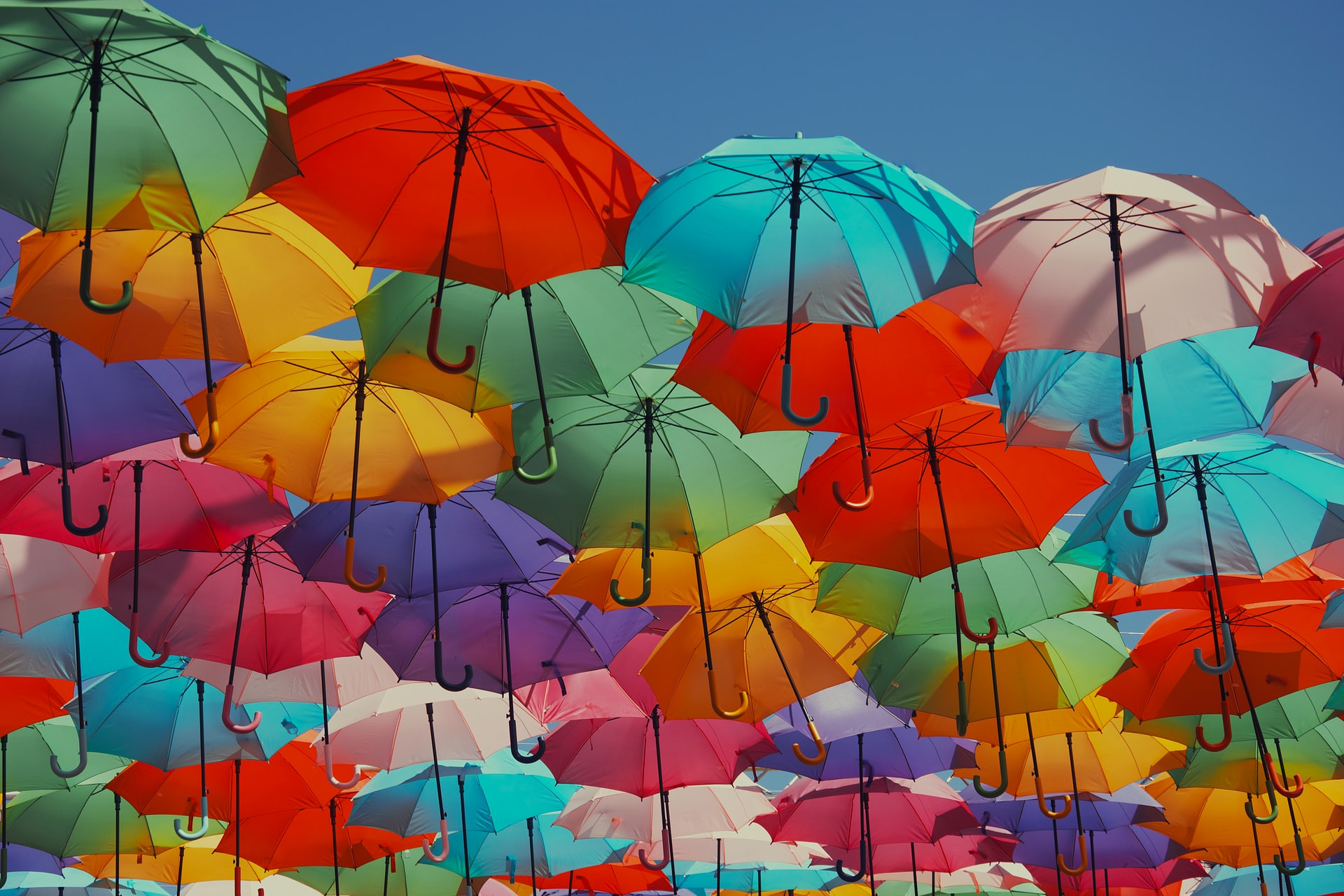 mattia-astorino-x9c1pgYTkJI-unsplash how to keep your guests cool in summer picture of lots of coloured umbrellas with the celebrant angel