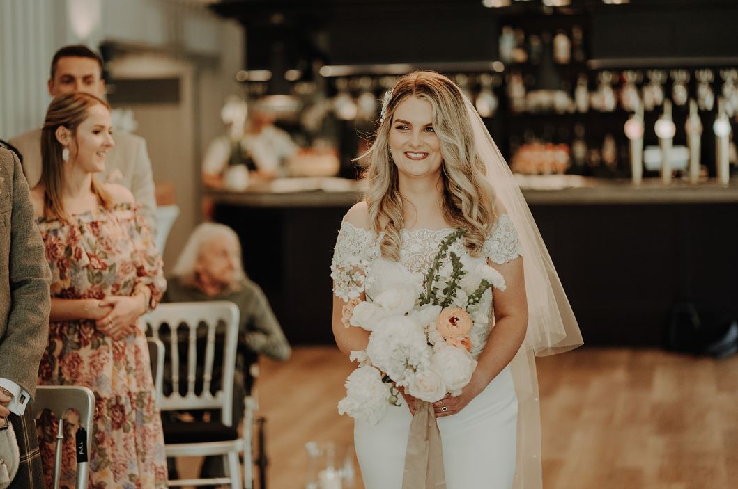 6 alternative ways to walk down the aisle, anna walking down the aisle her self with the celebrant angel aberdeen